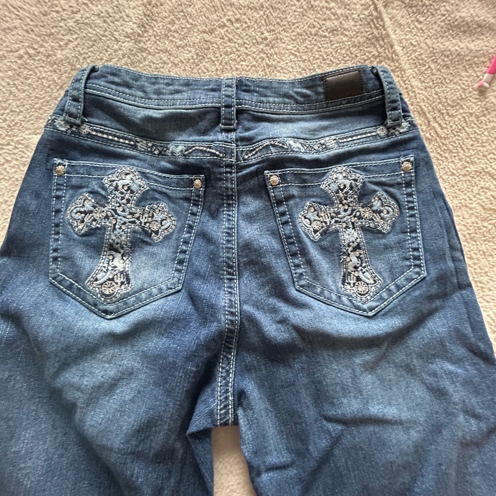 Blue Boot Cut Jeans with Rhinestone Embellishments